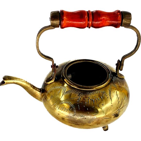 Vintage Brass Tea Kettle Teapot Etched Legs Wood Handle Mini India Missing Lid - Picture 1 of 12